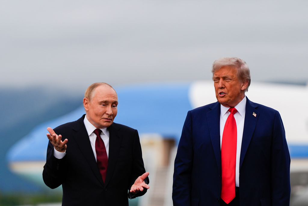 FILE - President Donald Trump and Russia's President Vladimir Putin talk, Aug. 15, 2025, at Joint Base Elmendorf-Richardson, Alaska. (AP Photo/Julia Demaree Nikhinson, File)