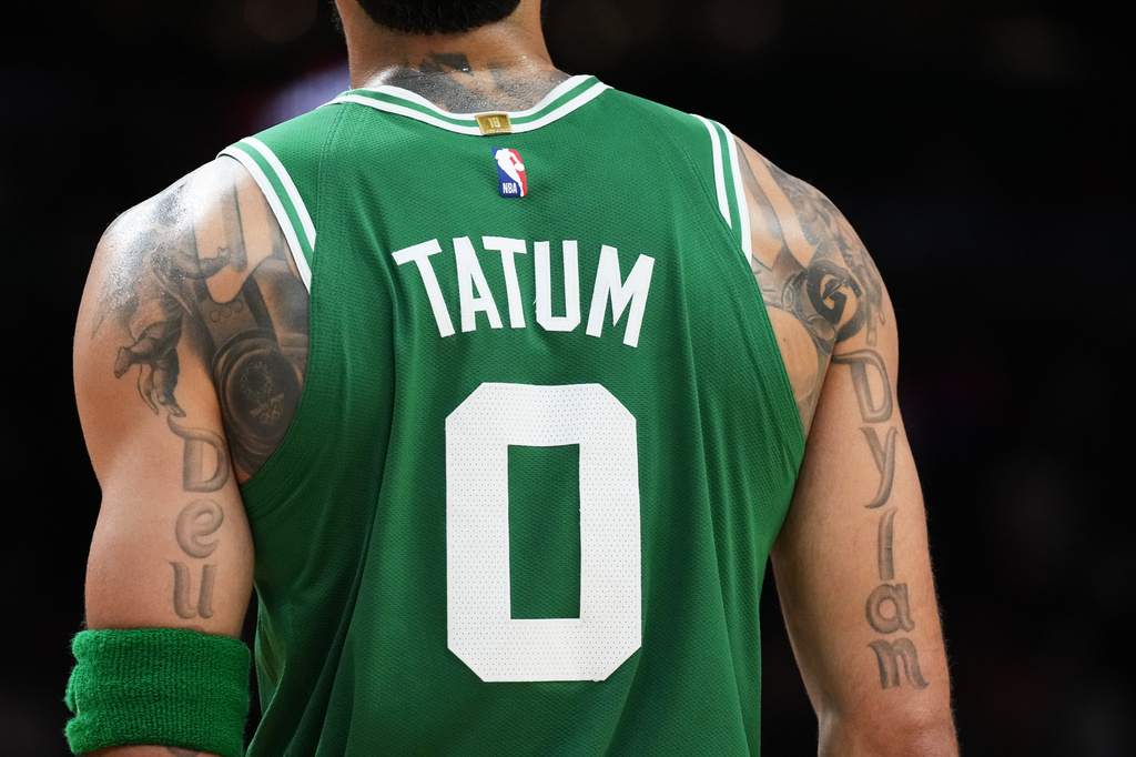 Boston Celtics forward Jayson Tatum (0) stands on the court during the second half of an NBA basketball game against the Miami Heat, Wednesday, April 1, 2026, in Miami. (AP Photo/Lynne Sladky)
