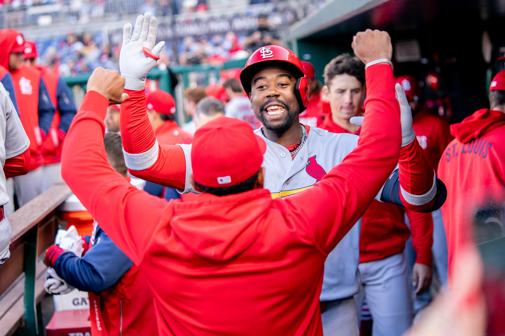 St. Louis Cardinals Jordan Walker celebrates a home run against the Washington Nationals in the fifth inning during a baseball game, Wednesday, April 8, 2026, in Washington. (AP Photo/Nathan Howard)
