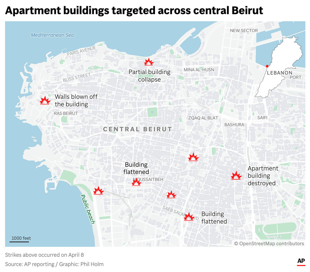 The image above shows Israeli strikes on apartment buildings in central Beirut on April 8. (AP Digital Embed)