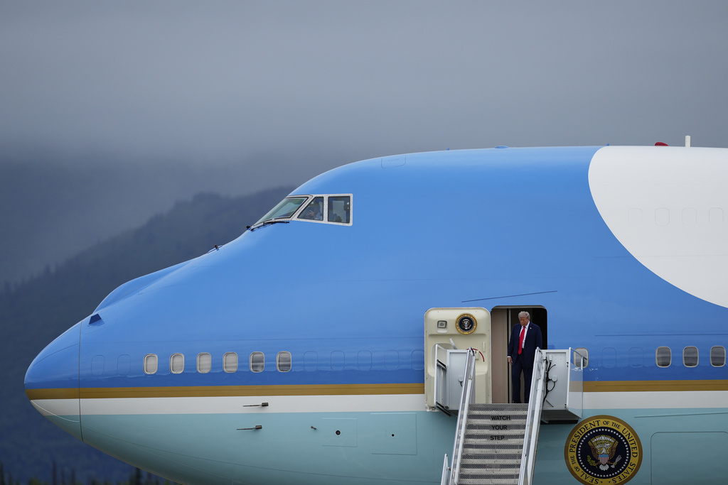 President Donald Trump arrives on Air Force One, Friday, Aug. 15, 2025, at Joint Base Elmendorf-Richardson, Alaska, to meet with Russia's President Vladimir Putin. (AP Photo/Julia Demaree Nikhinson)