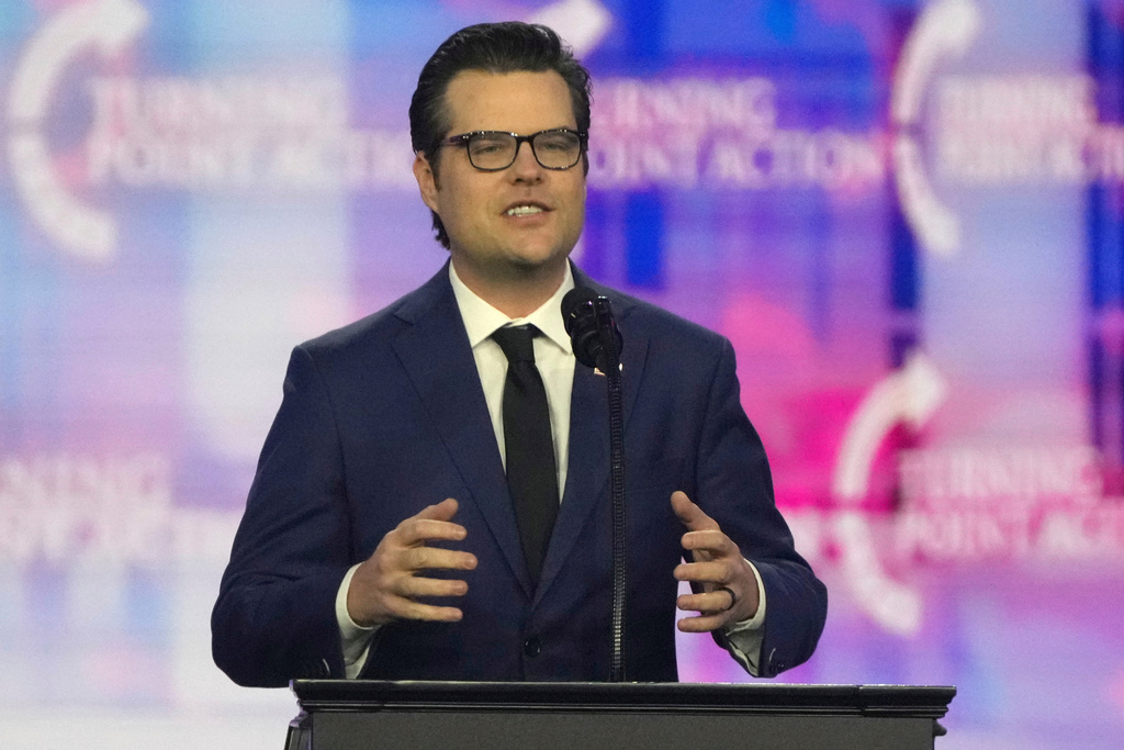 FILE - Former Rep. Matt Gaetz, R- Fla. speaks at AmericaFest, Dec. 22, 2024, in Phoenix. (AP Photo/Rick Scuteri, File)