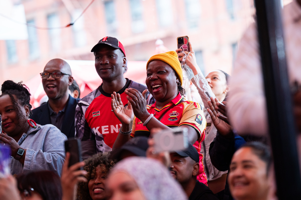 People listen as New York Mayor Zohran Mamdani makes a World Cup soccer tournament announcement at Harlem Tavern, Thursday, May 21, 2026 in New York. (AP Photo/Adam Gray)