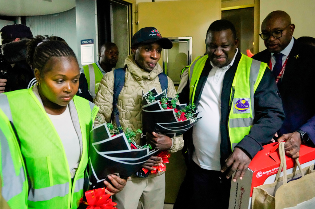 Sabastian Sawe is welcomed after arriving on a flight from London, Wednesday, April 29, 2026, at Jomo Kenyatta International Airport in Nairobi, Kenya, after setting a new world record in the marathon. (AP Photo/Brian Inganga) CORRECTION: Corrects spelling of first name to Sabastian, not Sebastian