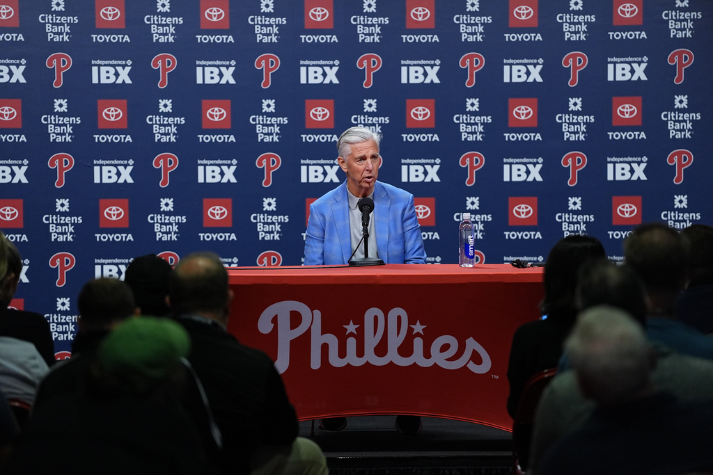 Philadelphia Phillies president of baseball operations Dave Dombrowki speaks during a news conference, Thursday, Oct. 16, 2025, in Philadelphia. (AP Photo/Matt Rourke)