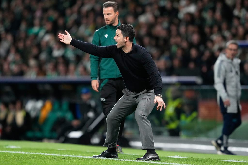 Arsenal's manager Mikel Arteta gestures during the Champions League quarterfinals, first leg, soccer match between Sporting CP and Arsenal, in Lisbon, Tuesday, April 7, 2026. (AP Photo/Armando Franca)