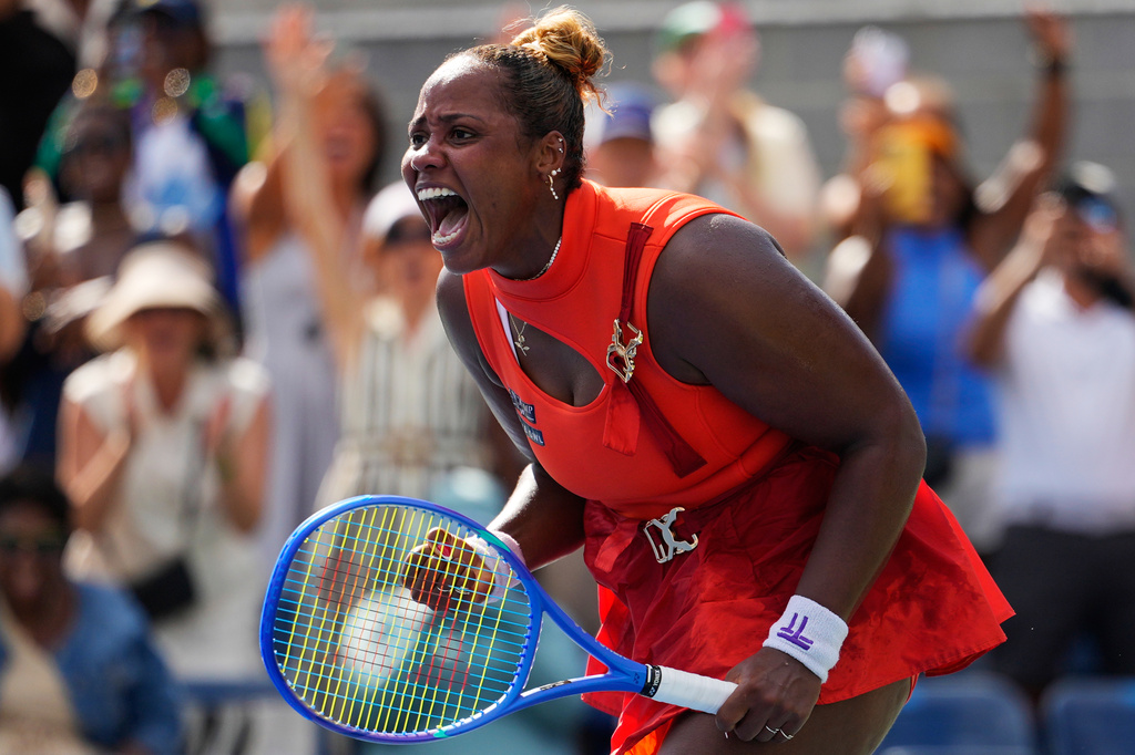 Taylor Townsend, of the United States, reacts after she won her match against Diana Shnaider, of Russia, during the third round of the U.S. Open tennis championships Friday, Sept. 4, 2026, in New York. (AP Photo/Yuki Iwamura)