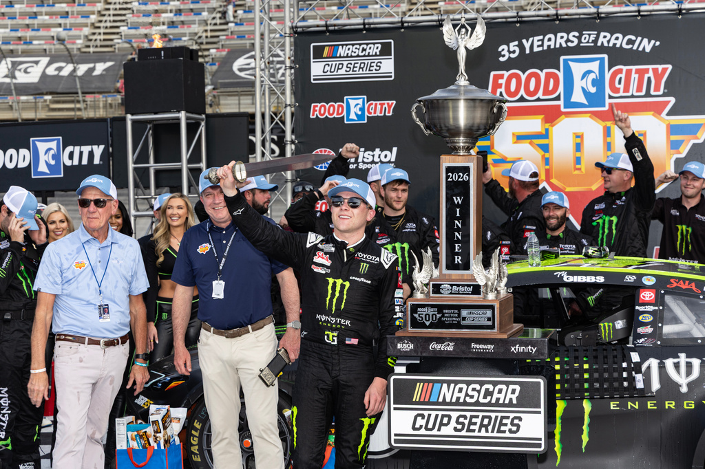 Ty Gibbs, center, celebrates after winning a NASCAR Cup Series auto race, Sunday, April 12, 2026, in Bristol, Tenn. (AP Photo/Wade Payne)