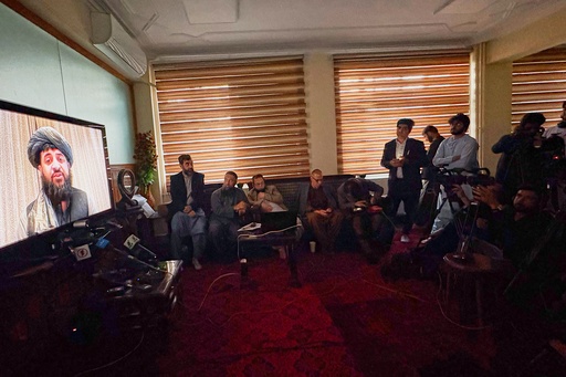 Local journalists gather for an online press conference with Afghan Defence Minister Mullah Muhammad Yaqoob after he signed a ceasefire agreement with his Pakistani counterpart Khawaja Asif in Qatar, at the Government Media Center in Kabul, Afghanistan, Sunday, Oct. 19, 2025.(AP Photo/Siddiqullah Alizai) Local journalists gather for an online press conference with Afghan Defence Minister Mullah Muhammad Yaqoob after he signed a ceasefire agreement with his Pakistani counterpart Khawaja Asif in Qatar, at the Government Media Center in Kabul, Afghanistan, Sunday, Oct. 19, 2025.(AP Photo/Siddiqullah Alizai)