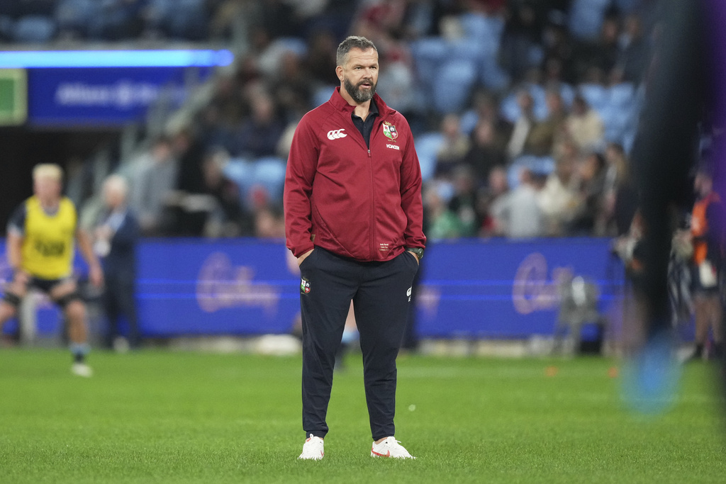 Coach of the British &amp; Irish Lions Andy Farrell watches his players warm up ahead of the Lions and Waratahs rugby match in Sydney, Australia, Saturday, July 5, 2025. (AP Photo/Mark Baker)