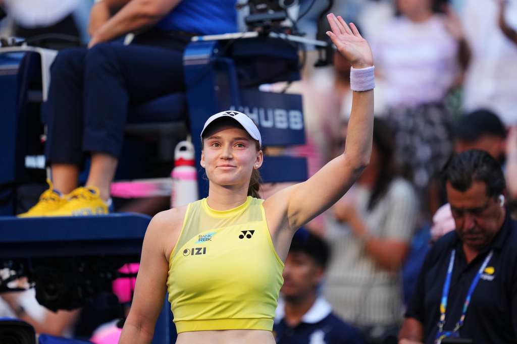 Elena Rybakina, of Kazakhstan, celebrates winning a match against Naomi Osaka, of Japan, during the fourth round of the U.S. Open tennis championships, Monday, Sept. 7, 2026, in New York. (AP Photo/Kirsty Wigglesworth)