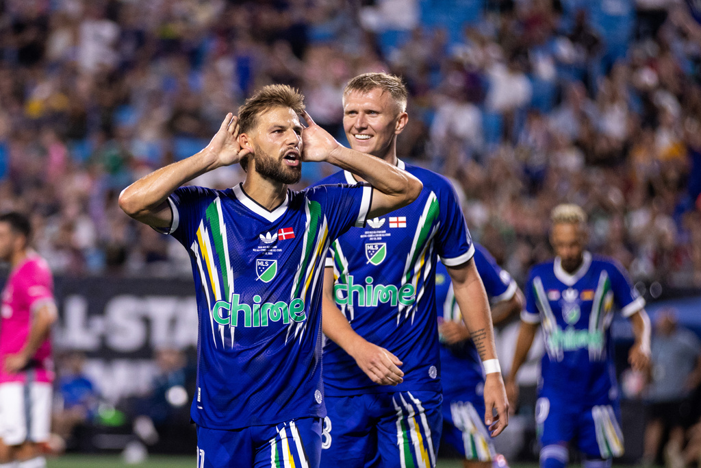 MLS All-Star Philip Zinckernagel (11) celebrates after scoring during the MLS All-Star soccer game Wednesday, July 29, 2026, in Charlotte, N.C. (AP Photo/Scott Kinser)