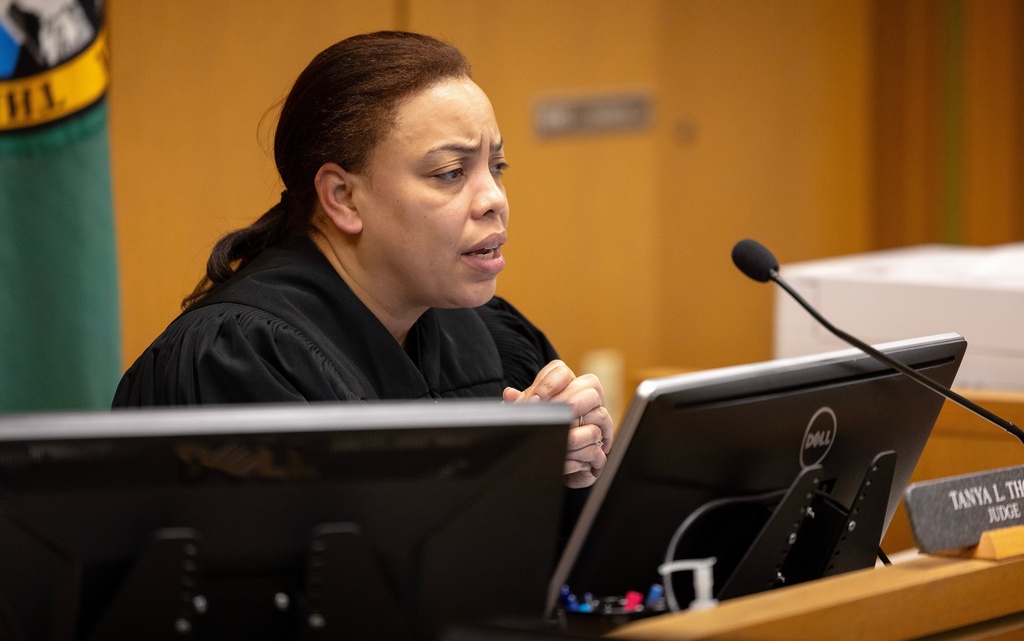 Judge Tanya L. Thorp speaks during a sentencing hearing for convicted rapist Redwolf Pope in King County Superior Court Wednesday, Jan. 7, 2026, in Seattle. (Nick Wagner/The Seattle Times via AP)