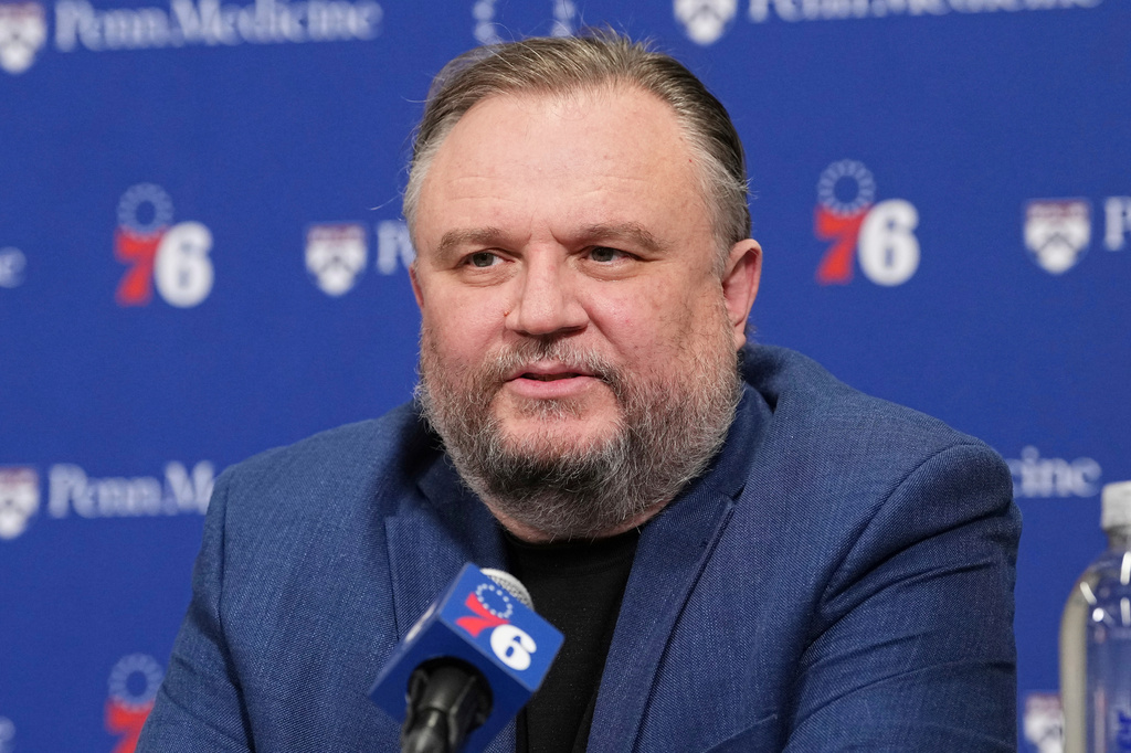 FILE - Philadelphia 76ers President of Basketball Operations Daryl Morey speaks after an NBA basketball game, April 13, 2025, in Philadelphia. (AP Photo/Matt Rourke, File)