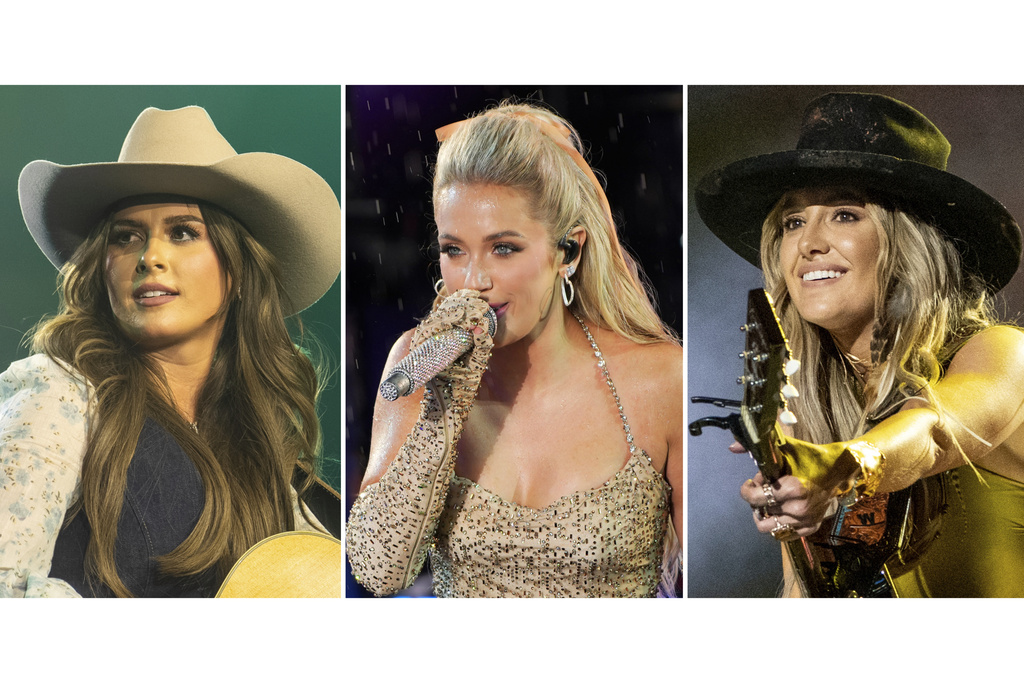 This combination of photos shows Ella Langley performing in Nashville, Tenn., on Feb. 28, 2024, left, Megan Moroney performing in New York on Dec. 31, 2024, center, and Lainey Wilson performing in Nashville, Tenn., on June 9, 2023. (AP Photo)