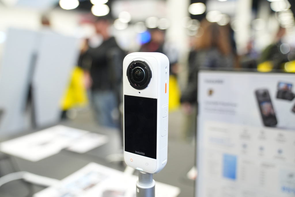 An Insta 360 X5 sits on display during the CES tech show Tuesday, Jan. 6, 2026, in Las Vegas. (AP Photo/Abbie Parr)