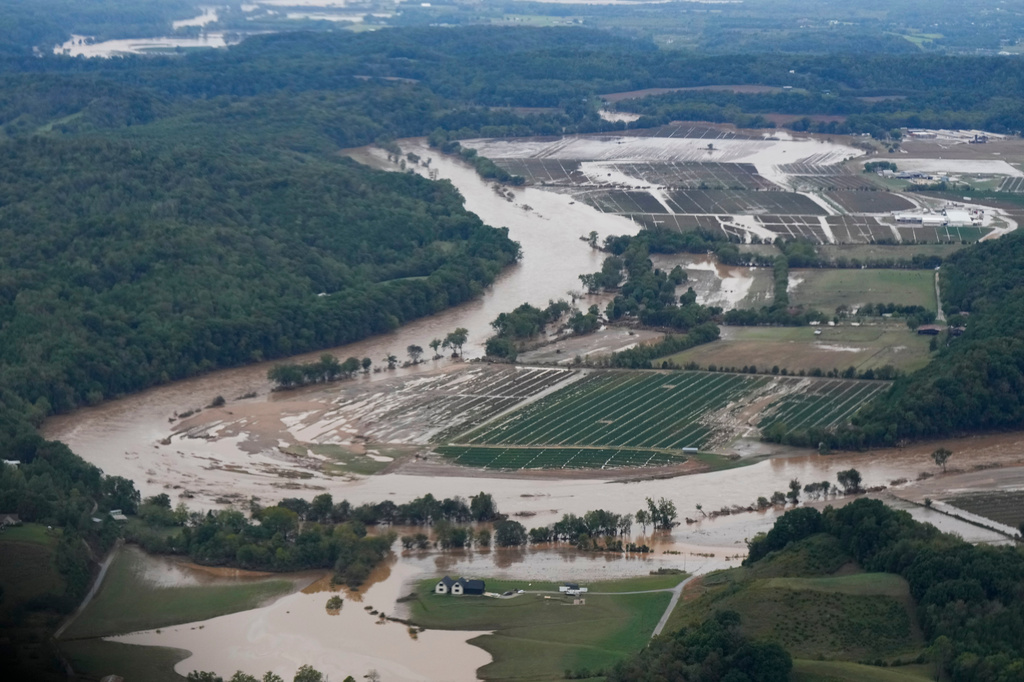 FILE - An aerial view of flood damage left in the aftermath of Hurricane Helene is seen Sept. 28, 2024, in Greene County, Tenn. (AP Photo/George Walker IV, File)