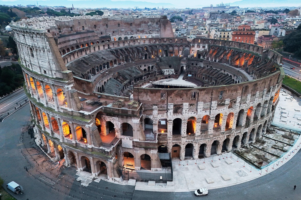 An aerial view of the Colosseum, in Rome, Thursday, Dec. 4, 2025. (AP Photo/Alessandra Tarantino)