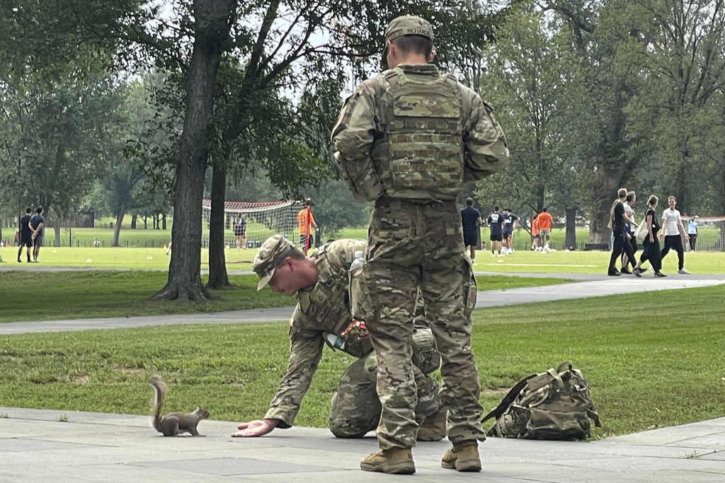 A National Guard soldier feeds a squirrel near the World War II Memorial on the National Mall in Washington. Wednesday, Aug. 20, 2025. (AP Photo/Matthew Brown)