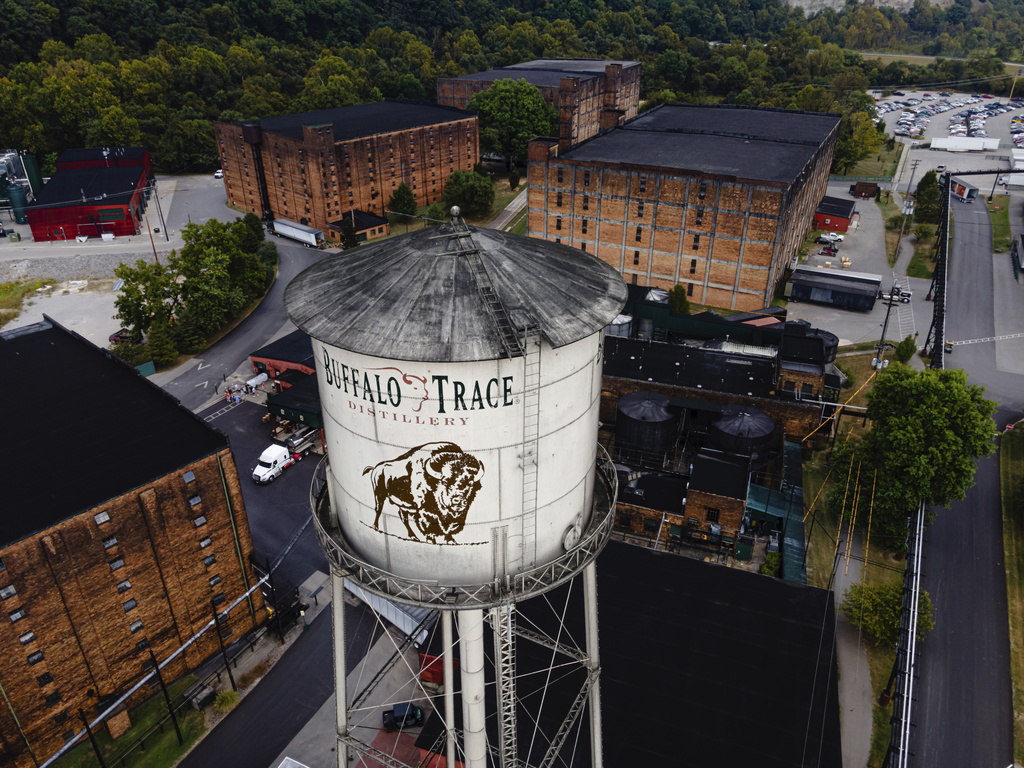 In an aerial view, the Buffalo Trace Distillery is seen on Sept. 16, 2025, in Frankfort, Ky. (AP Photo/Jon Cherry)