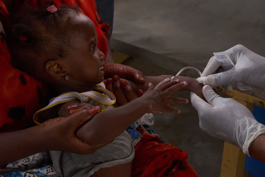 A child suffering from cholera has a blood sample taken at the MSF treatment centre in Maiduguri, Nigeria, Monday, June 8, 2026. (AP Photo/Jude Mike)