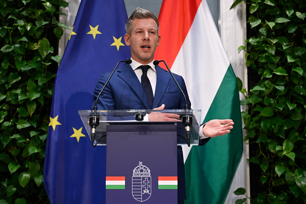 Hungarian Prime Minister Peter Magyar speaks during a press conference following the meeting of the government in Budapest, Hungary, Monday, May 18, 2026. (Robert Hegedus/MTI via AP)