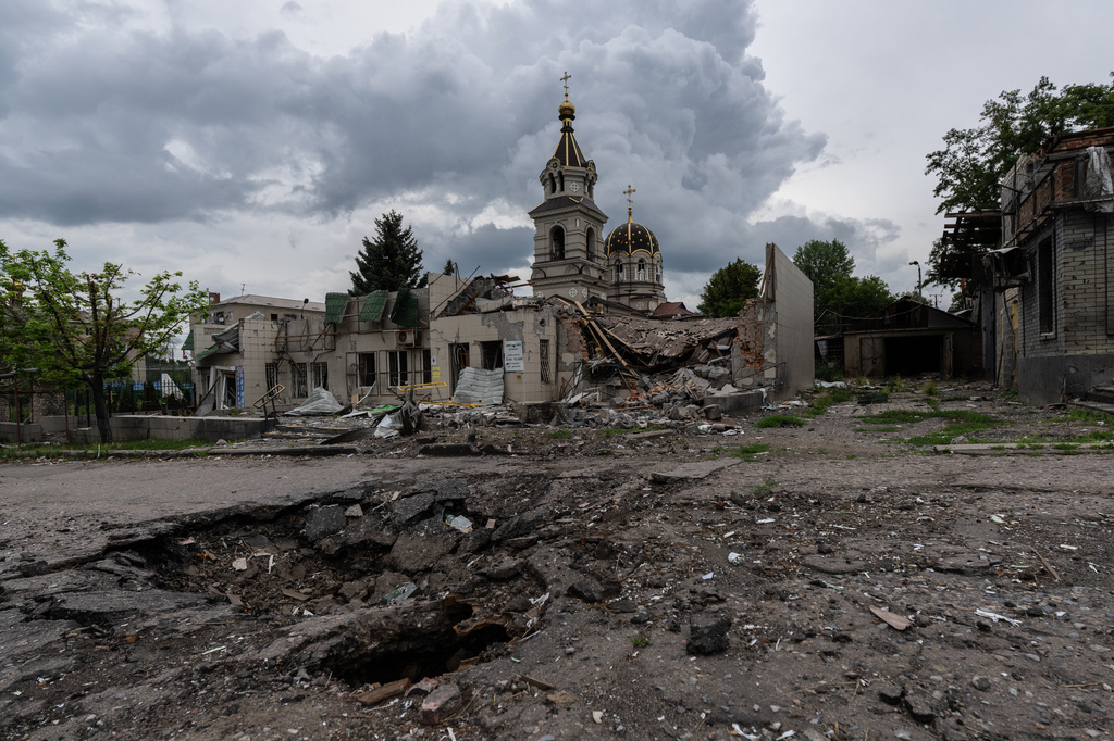 This photo provided by Ukraine's 93rd Kholodnyi Yar Separate Mechanized Brigade press service and taken Saturday, July 25, 2026, shows the damaged center of the frontline town of Druzhkivka, Donetsk region, Ukraine. (Iryna Rybakova/Ukraine's 93rd Mechanized Brigade via AP)