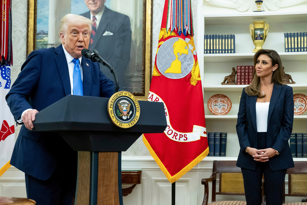 FILE - President Donald Trump speaks during a swearing-in for Alina Habba as interim US Attorney General for New Jersey, in the Oval Office of the White House in Washington, March 28, 2025. (Pool via AP, file)