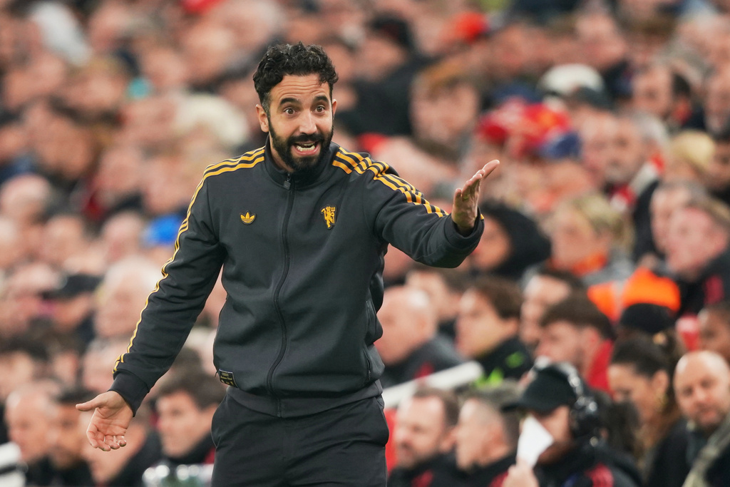 Manchester United's head coach Ruben Amorim reacts during the English Premier League soccer match between Liverpool and Manchester United in Liverpool, England, Sunday, Oct. 19, 2025. (AP Photo/Ian Hodgson)