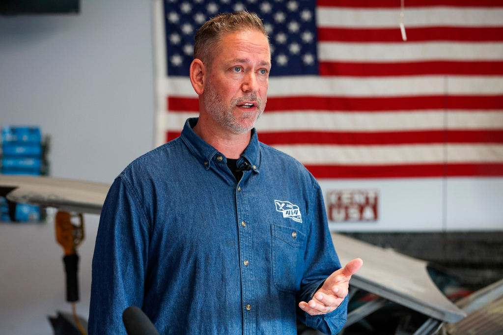 FILE - Dan Osborn, Independent candidate for U.S. Senate, speaks during a news conference, May 15, 2024, at his home in Omaha, Neb. (Nikos Frazier/Omaha World-Herald via AP, File)