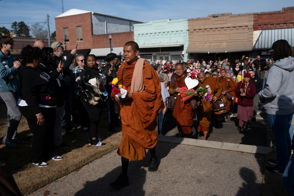 Buddhist monks who are participating in the, "Walk For Peace," arrive in Saluda, Thursday, Jan. 8, 2026, in Saluda, S.C. (AP Photo/Allison Joyce)