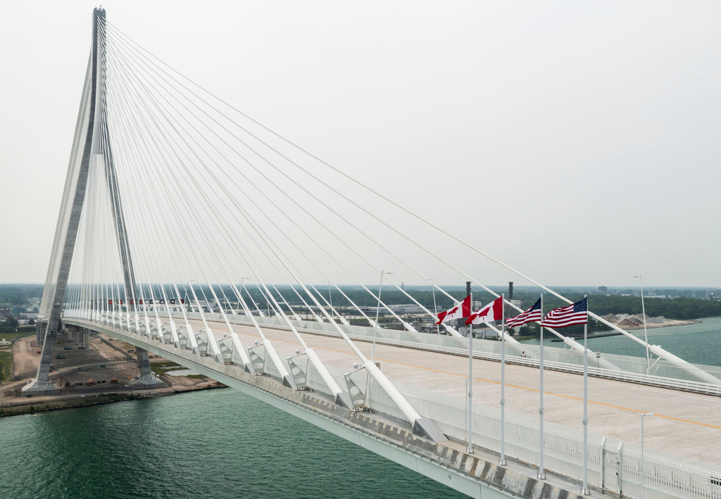 The Gordie Howe International Bridge between Detroit, Mich. and Windsor, Ontario on its opening day, Monday, July 27 2026. (Jacob Hamilton/Ann Arbor News via AP)
