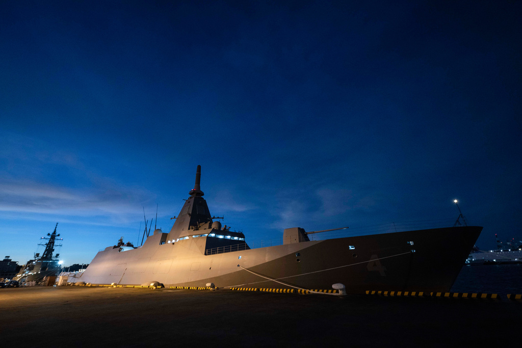 Japan Maritime Self-Defense Force (JMSDF) Mogami-class stealth frigate JS Mikuma is seen anchored at the JMSDF naval base in Yokosuka, Japan, Friday Sept. 5, 2025. (Yuichi Yamazaki/Pool Photo via AP)