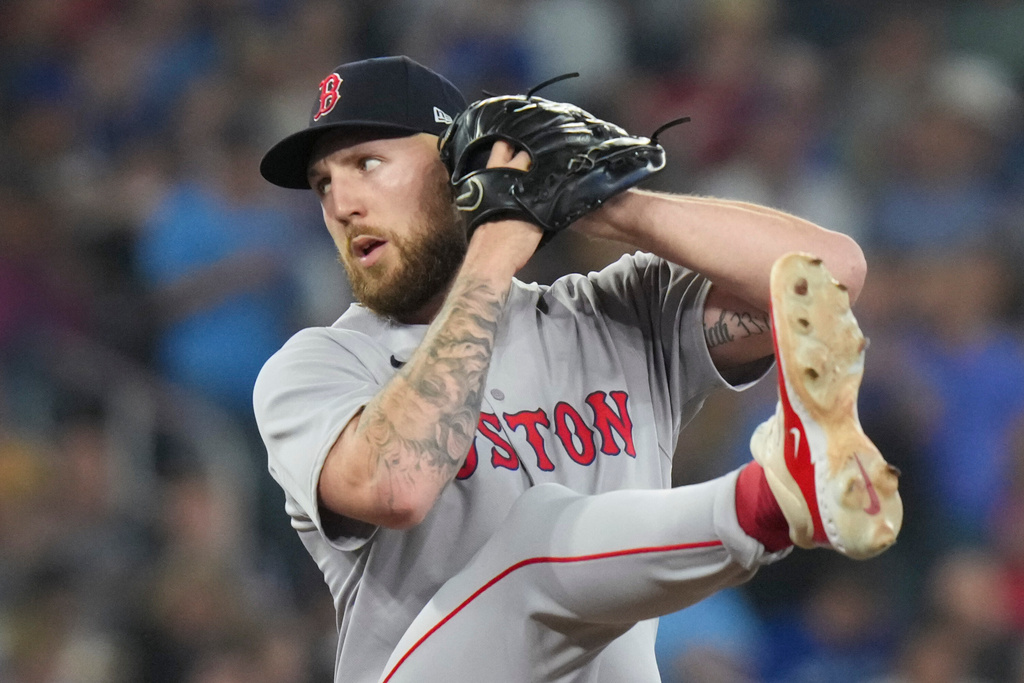 Boston Red Sox pitcher Garrett Crochet (35) works against the Toronto Blue Jays during second inning MLB baseball action in Toronto on Wednesday Sept. 24, 2025. (Chris Young/The Canadian Press via AP)