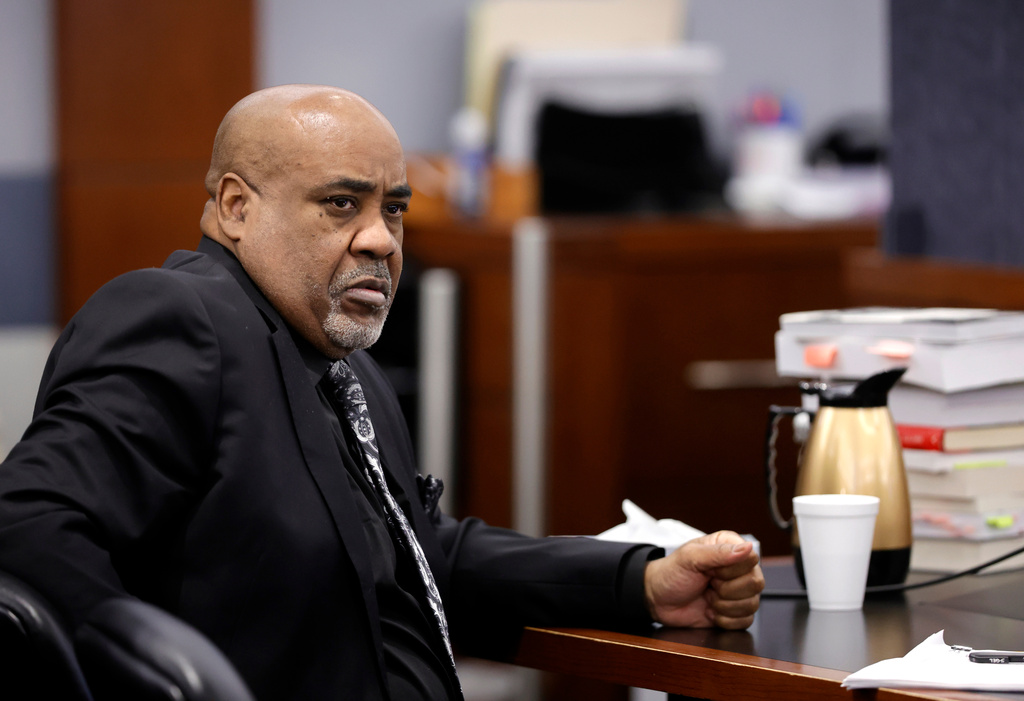 Duane Davis sits at the defense table during a break in closing arguments during his murder trial, related to the 1996 killing of rapper Tupac Shakur, in Clark County District Court at the Regional Justice Center in Las Vegas, Monday, Aug. 31, 2026. (Steve Marcus/Pool Photo via AP)