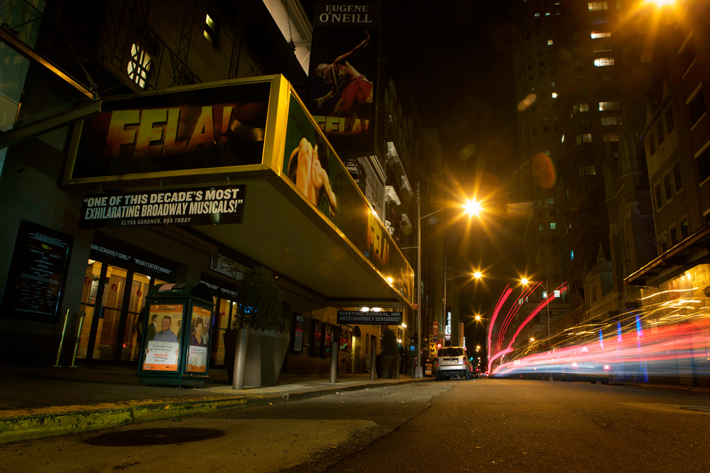 FILE - The Eugene O'Neill theater sits with its marquis lights turned off during the "Broadway for Earth" hour in New York, March 27, 2010. (AP Photo/David Goldman, file)