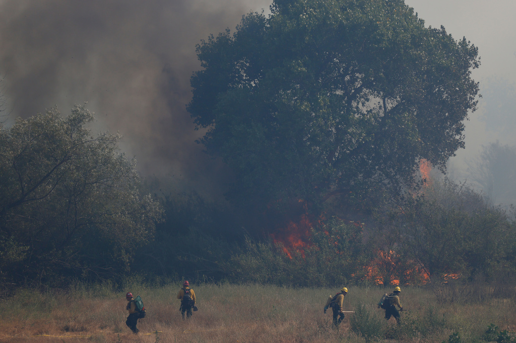 Firefighters battle the Sandy Fire Tuesday, May 19, 2026, in Simi Valley, Calif. (AP Photo/Caroline Brehman)