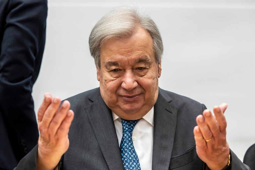 U.N. Secretary-General Antonio Guterres gestures before his speech during the World Meteorological Organization Extraordinary Congress at the headquarters of the World Meteorological Organization (WMO), in Geneva, Switzerland, Wednesday, Oct. 22, 2025. (Salvatore Di Nolfi/Keystone via AP)