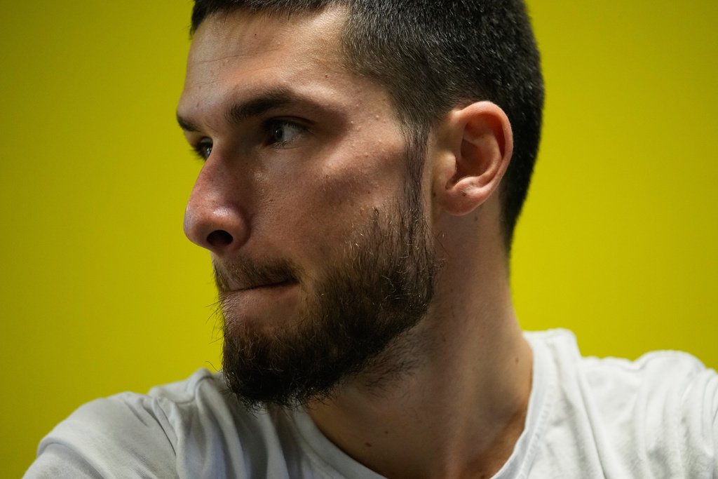 Russian ski mountaineer Nikita Filippov trains at Mount Elbrus foothills in Terskol village, the Kabardino-Balkarian Republic, Russia, Wednesday, Oct. 29, 2025. (AP Photo/Pavel Bednyakov)