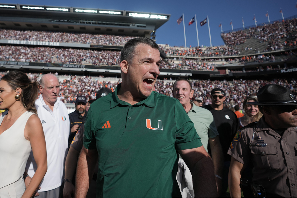 Miami head coach Mario Cristobal reacts after beating Texas A&M in the first round of the NCAA College Football Playoff, Saturday, Dec. 20, 2025, in College Station, Texas. (AP Photo/Sam Craft)