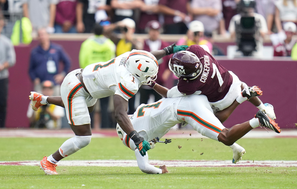 Texas A&M wide receiver KC Concepcion (7) is tackled by Miami defensive back Zechariah Poyser (7) and linebacker Mohamed Toure (1) during the second half of the first round of the NCAA College Football Playoff, Saturday, Dec. 20, 2025, in College Station, Texas. (AP Photo/Karen Warren)