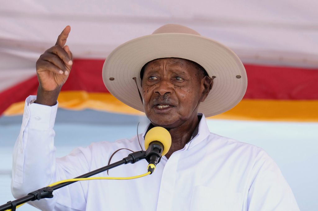 Ugandan President Yoweri Museveni speaks during a crude oil naming ceremony at the Kingfisher oil field on the shores of Lake Albert, operated by China National Offshore Oil Corporation (CNOOC), near Hoima, Uganda, Wednesday, Sept. 2, 2026. (AP Photo/Hajarah Nalwadda)