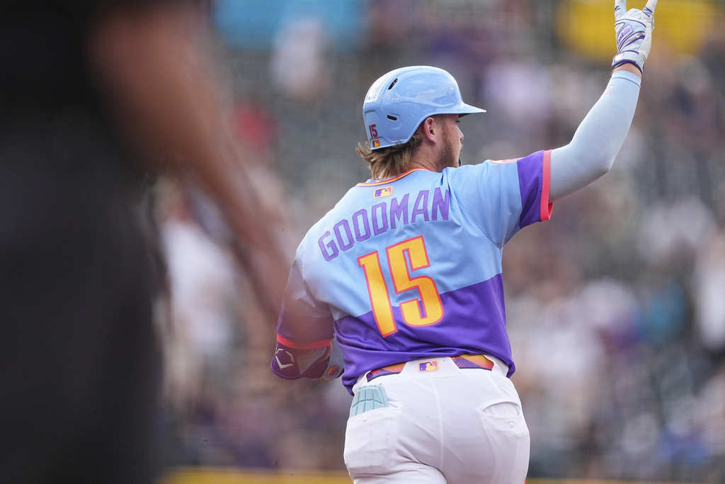 Colorado Rockies' Hunter Goodman gestures to the bullpen as he circles the bases after hitting a solo home run off Arizona Diamondbacks starting pitcher Brandon Pfaadt in the first inning of a baseball game Friday, Aug. 15, 2025, in Denver. (AP Photo/David Zalubowski)