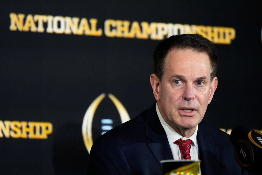 Indiana head coach Curt Cignetti speaks during news conference ahead of the College Football Playoff national championship game between Miami and Indiana, Sunday, Jan. 18, 2026, in Miami. The game will be played on Monday. (AP Photo/Chris Carlson)