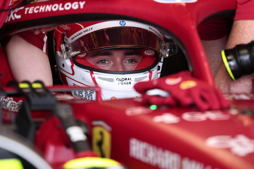 Ferrari driver Charles Leclerc of Monaco prepares for a practice session for the Brazilian Formula One Grand Prix auto race at Interlagos race track in Sao Paulo, Friday,Nov. 7, 2025. (AP Photo/Ettore Chiereguini)