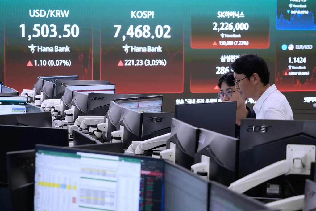 Currency traders watch monitors near a screen showing the Korea Composite Stock Price Index (KOSPI) and the foreign exchange rate between U.S. dollar and South Korean won at the foreign exchange dealing room of the Hana Bank headquarters in Seoul, South Korea, Thursday, July 9, 2026. (AP Photo/Ahn Young-joon)