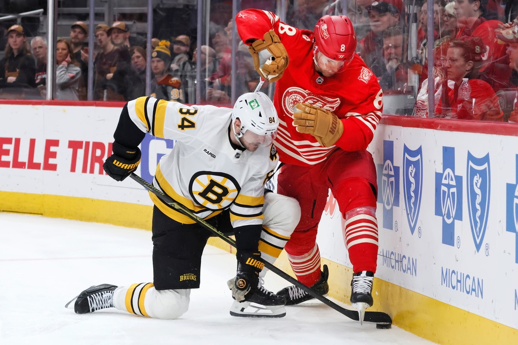 Boston Bruins left wing Tanner Jeannot (84) tries to dig the puck out from under Detroit Red Wings defenseman Ben Chiarot (8) during the second period of an NHL hockey game Saturday, March 21, 2026, in Detroit. (AP Photo/Duane Burleson)