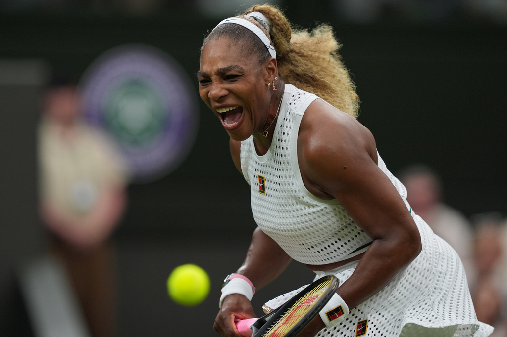 Serena Williams of the United States reacts after a point against Maya Joint of Australia in their first round women's singles match at the Wimbledon Tennis Championships in London, Tuesday, June 30, 2026. (AP Photo/Maja Smiejkowska)
