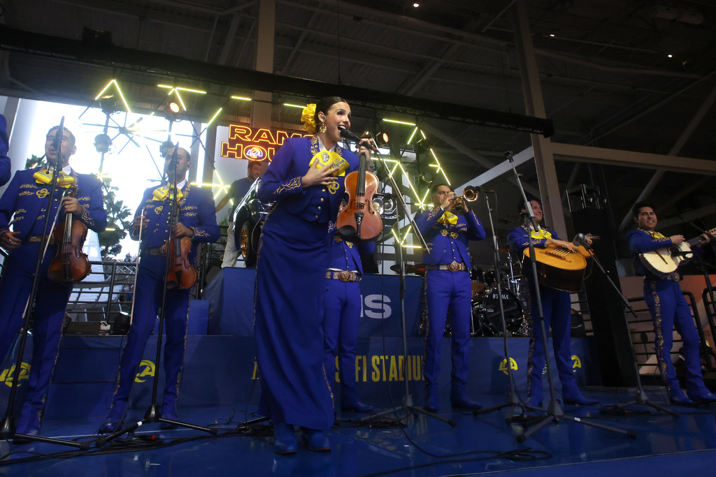 The Los Angeles Rams Mariachi Band performs before an NFL football game against the Tampa Bay Buccaneers, Sunday, Nov. 23, 2025, in Inglewood, Calif. (AP Photo/Jessie Alcheh)