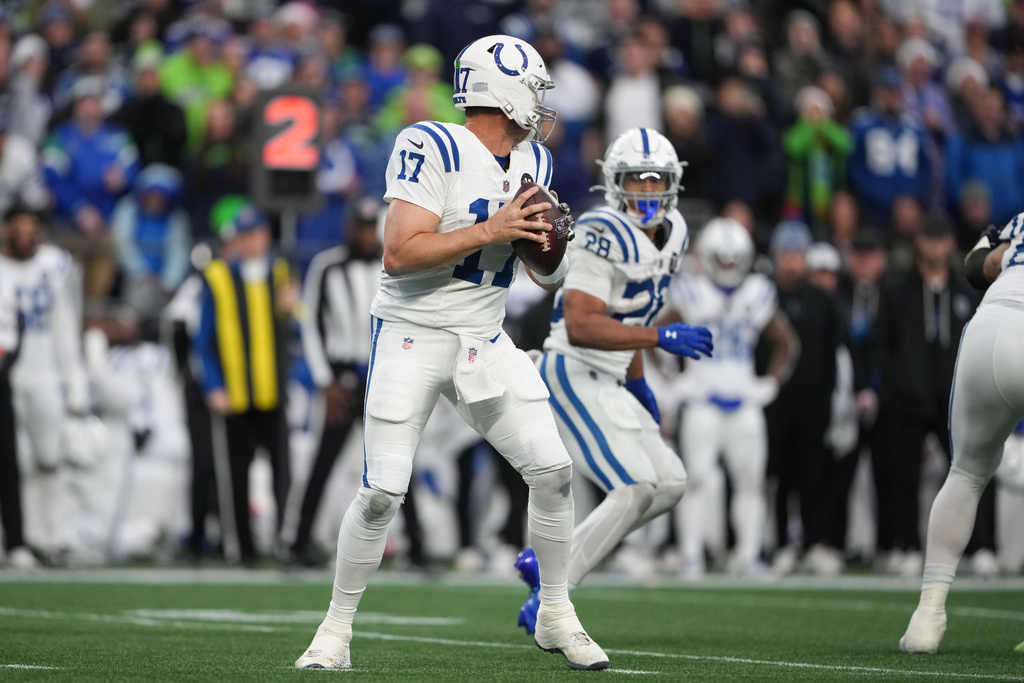 Indianapolis Colts quarterback Philip Rivers (17) looks to throw during the second half of an NFL football game against the Seattle Seahawks, Sunday, Dec. 14, 2025, in Seattle. (AP Photo/Lindsey Wasson)